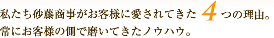私たち砂藤商事がお客様に愛されてきた4つの理由。
常にお客様の側で磨いてきたノウハウ。